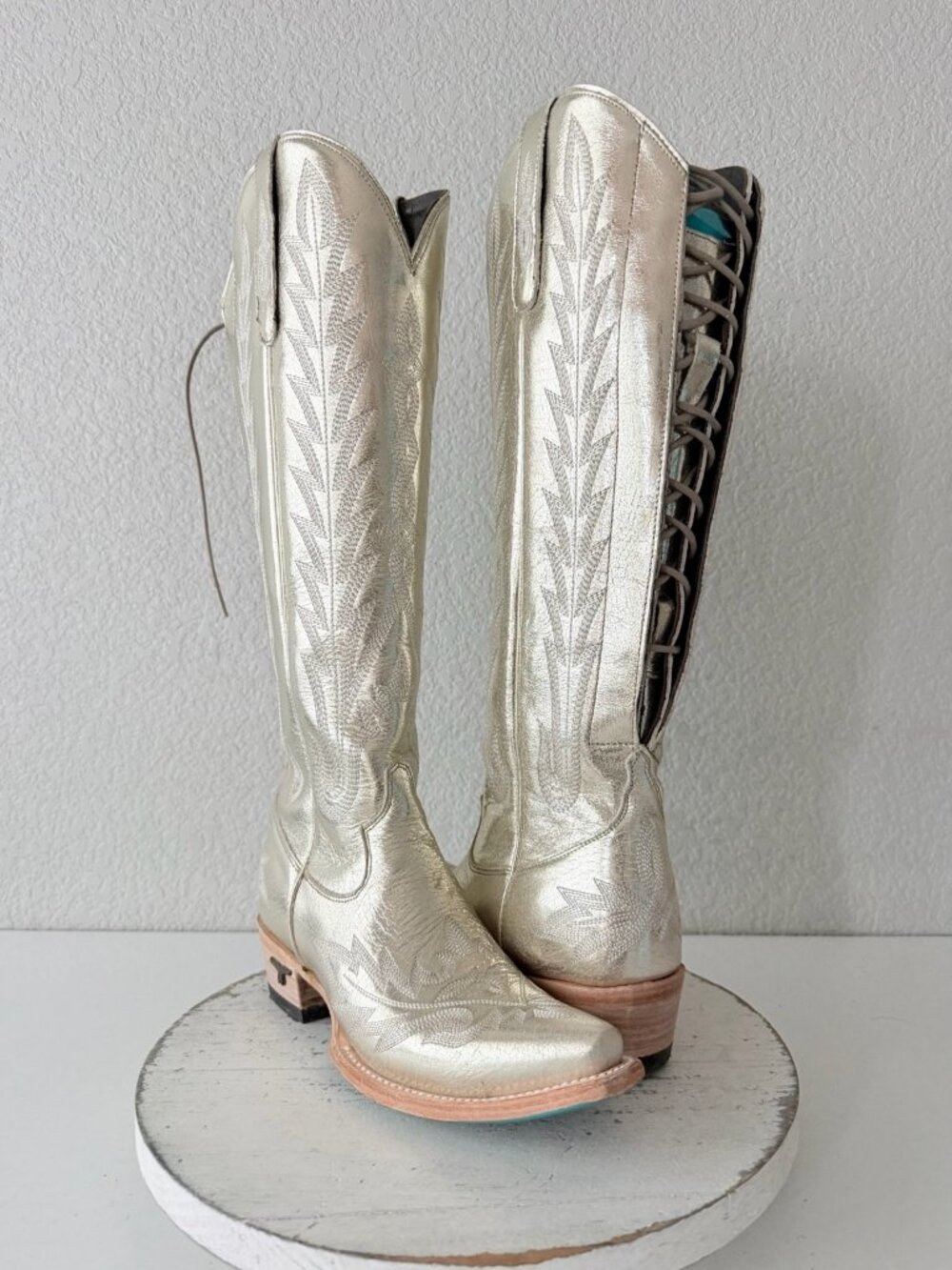 Lane LEXINGTON Knee High Gold Cowboy Boots Womens 6.5 Western Snip Toe Lace Up